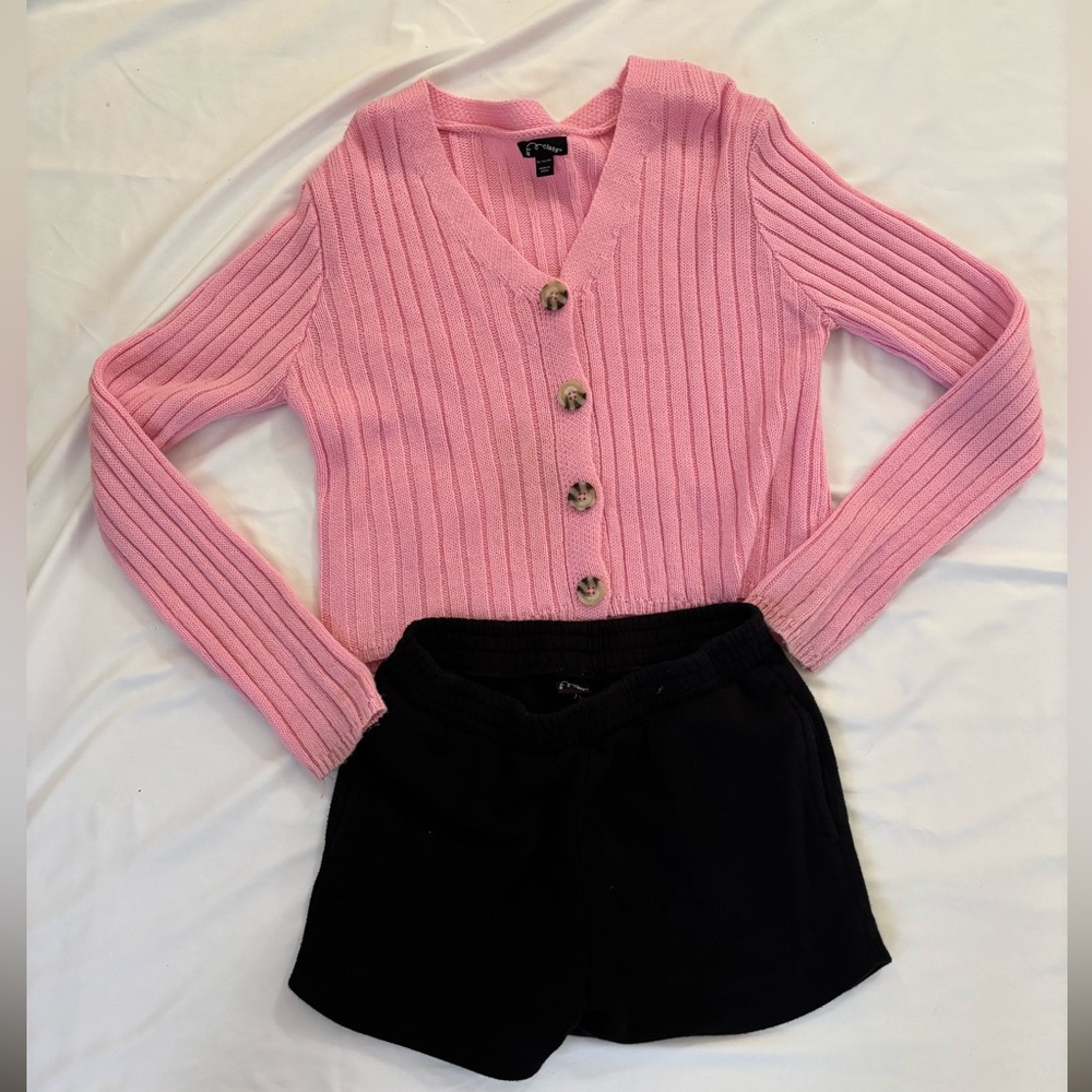 Art Class Girls Pink Cardigan And Black Fleece Shorts Bundle set